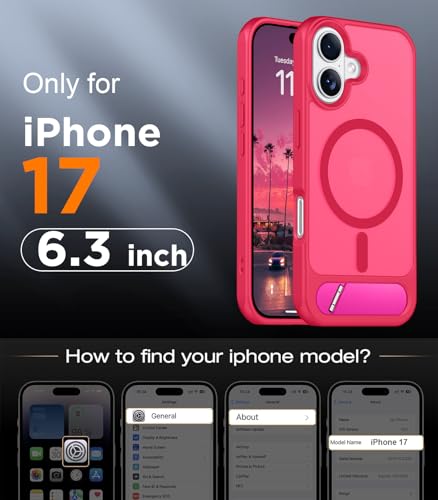 Image of Designed for iPhone 17 Case, [Built-in Invisible Kickstand][Compatible with MagSafe][Military Grade Shockproof] Slim Translucent Matte Phone Case 6.3 inch (Hot Pink)