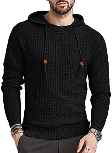 Babioboa Men's Hooded Sweatshirt Long Sleeve Fashion Waffle Knit Hoodie Solid Pullover Sweater Black