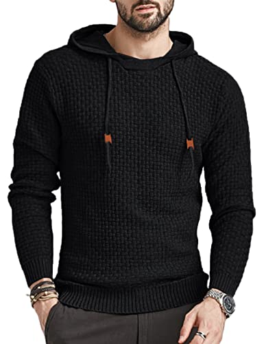 Babioboa Men's Hooded Sweatshirt Long Sleeve Fashion Waffle Knit Hoodie Solid Pullover Sweater Black #TOP12