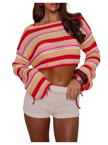 Floerns Women's Striped Crochet Cropped Sweater Boat Neck Long Sleeve Pullover Tops