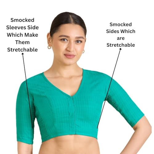 Image of Studio Shringaar Women Cotton Half Sleeve Madras Checks Saree Blouse with Stretchable Sides