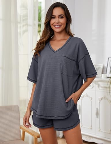Image of Womens Pajama Sets Waffle Knit 2 Piece Short Lounge Set Cute Sleep Loungewear Pjs Set Short Sleeve Top and Shorts