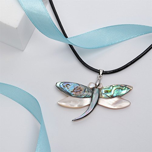 YACQ Abalone Shell Pendant Necklace for Women Black Leather Cord 18" + 2"2