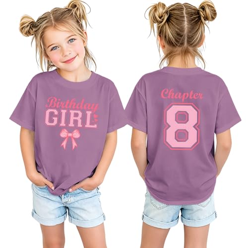 MULOIUDZ Chapter 8 Bow Birthday Girl Shirts 8th Girls Birthday Outfits Kid B-Day T-Shirt Eight Years Old Tee Party Gift Tops(Purple 8th)