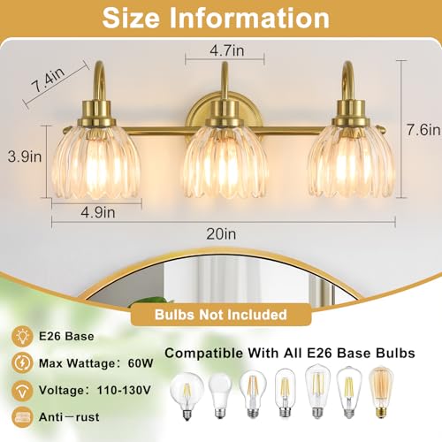 Image of Bathroom Light Fixtures (3-Light, 20 Inch), Brushed Gold Vanity Lights for Bathroom with Ribbed Clear Tulip Glass Shade, Vintage Vanity Wall Lights for Mirror Bedroom Living Room Hallway