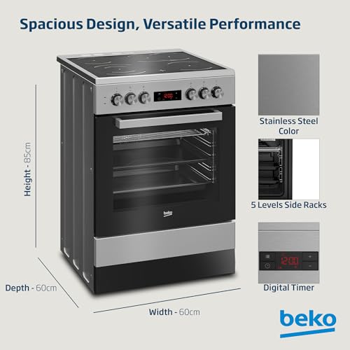Foto von Beko FSM67320GXS b300 freistehender Herd mit Glaskeramik-Kochfeld, 72 l Volumen, 60 cm Breite, Multifunktionsofen, SteamShine, LED-Display, 8 Heizarten, herausnehmbare Seitengitter, Edelstahl