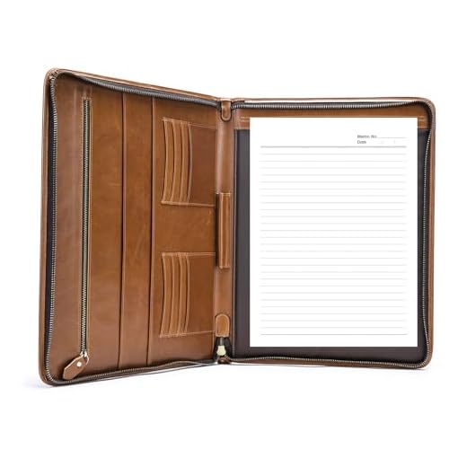 Pasta organizadora de couro genuíno para homens e mulheres com zíper para currículo de negócios A4 pasta de reunião 33 cm marrom