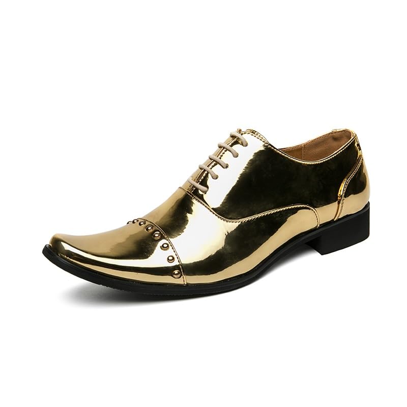 Oxford Formal Shoes for Men Lace Up Square Toe PU Leather Cap Toe Oxford Shoes Rubber Sole Low Top Slip Resistant Prom(Golden,10)