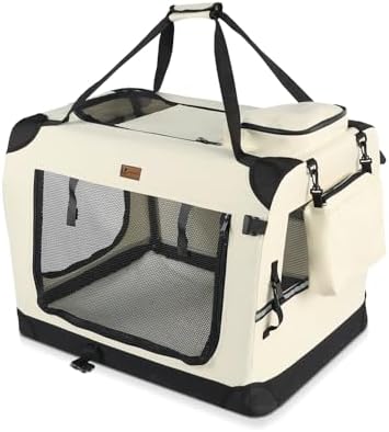 VOUNOT® Transportín Perro Gato S 50x35x36cm, Bolsa Transporte Transpirable Mascotas con Bolsillos Alfombrilla Extraíble Tira Reflectante, Caja Plegable Transportadora Portador de Viaje Mascotas, Beige