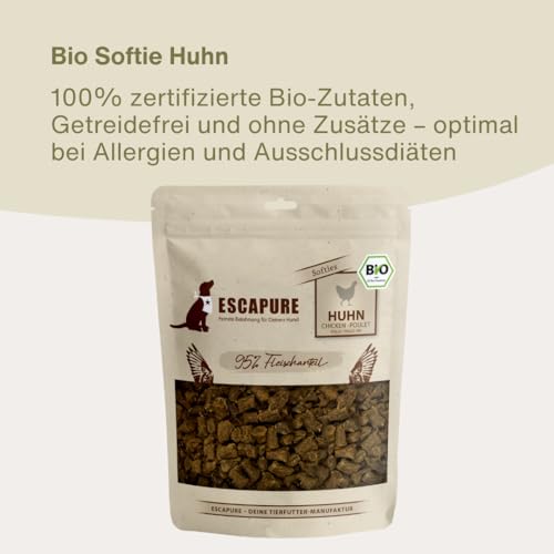 ESCAPURE Bio Softies – Hundesnacks aus Hähnchenfleisch – 100% Bio-Zutaten, 98% Muskelfleisch – Getreidefrei, ohne Zusatzstoffe, Soft-Leckerli für Training & Belohnung (120g)