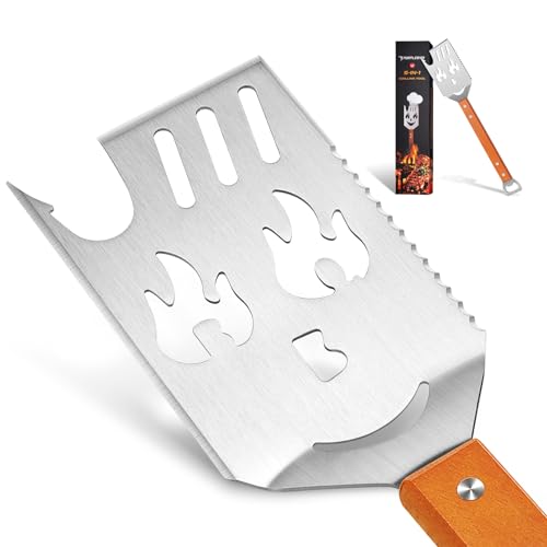 PURPLEBIRD Paletta da barbecue 5 in 1, 41 cm, accessorio multifunzione per barbecue in acciaio inox, regalo per uomini con manici in legno extra lunghi e apribottiglie