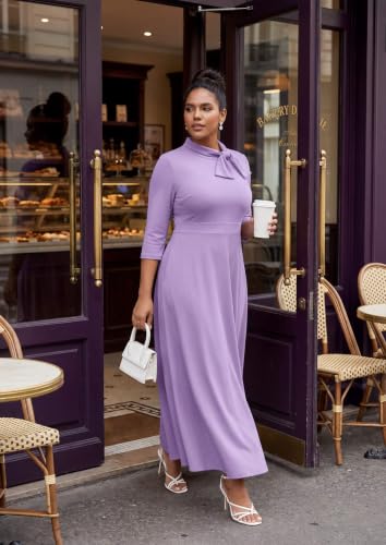 Image of FANDEE Maxi Long Dress Women, Church A Line Bow Tie Neck Casual Dresses | 3 /4 sleeve with pockets, tea party elegant wedding guest semi formal bridesmaid dress, m-3xl, machine wash