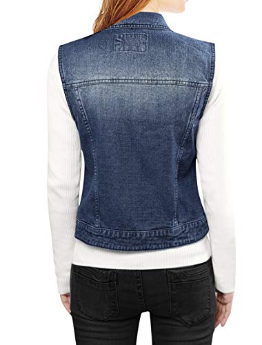 Allegra K Women's Buttoned Washed Denim Vest Jacket W Chest Flap Pockets2