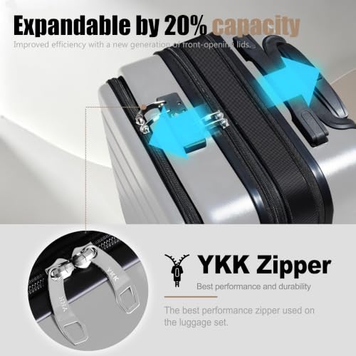 Image of KEYTANG SmileLine 3-Piece Luggage Set Lightweight Hardside Suitcase TSA Lock Spinner Wheels, 20 inch Expandable Carry-On Luggage with Quick Access Front Open Pocket, Bonus Makeup Bag,Silver