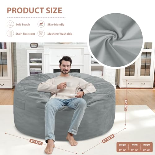 5FT Bean Bag Chair, Large Bean Bag Chairs with Memory Foam Filled, Fluffy Beanbag Sofa with Dutch Velvet Cover, Round BeanBag Chairs for Living Room, Playroom - Light Grey