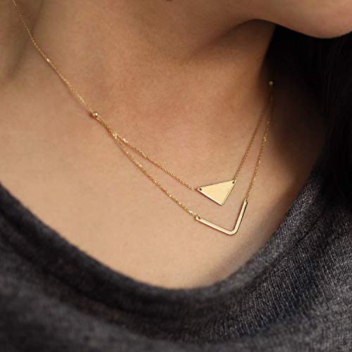 14K Solid Gold Geometric Layered Necklace Double Pendant Necklace Celebrity Necklace Minimalist Necklace with Adjustable Chain
