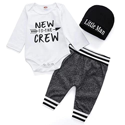 Image of Tikoubabe Newborn Baby Boy Outfits Clothes Infant Cute Hipster Romper + Long Pants + Hat 3 Pcs New To The Crew Grey 0-3 Months 70cm