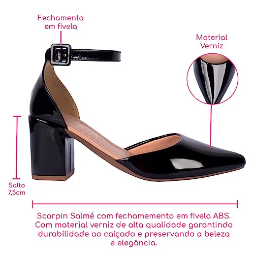 Sapato Scarpin Bico Fino Com Pulseira Fivela Salto Grosso (Preto Verniz, br_footwear_size_system, ad