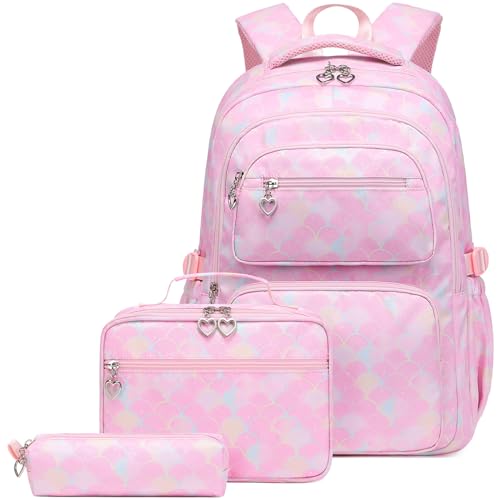 Createy 3Pcs Mermaid Backpack for Girls Backpacks Elementary Primary Middle School Bag Kids Backpack with Lunch Box Teen BookBags Set