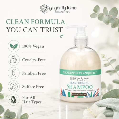 Image of Ginger Lily Farms Botanicals Shampoo, 16.9oz /6pk, Eucalyptus Tranquility | 100% Vegan & Cruelty-Free | Moisturizing Shampoo for All Hair Types
