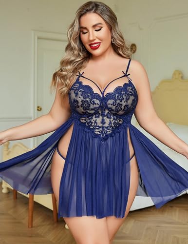 Image of Avidlove Plus Size Lingerie Lace Babydoll Womens Strap Chemise Nightgown V Neck Nighty Mesh Sleepwear Side Slit Nightdress