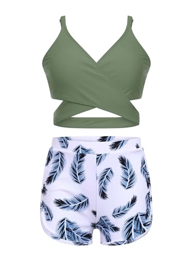 Kids Girls 3Pcs Rash Guard Feather Print Athletic Swimsuit Swim Bikini and Beach Shorts Bathing Suit3