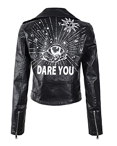 Ly Varey Lin Women's Print Faux Leather Punk Jacket Biker Motorcycle Jacket With Belt (Black, L) #TOP1