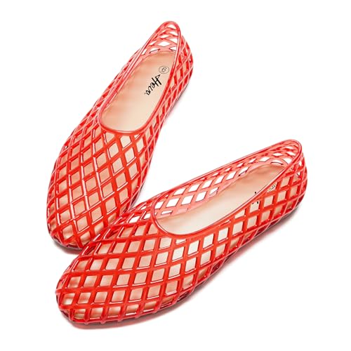HEVA Womens Jelly Mesh Flats Breathable Clear Hollow Shoes Summer Beach Jellies Ballet Sandals(7 US Red)