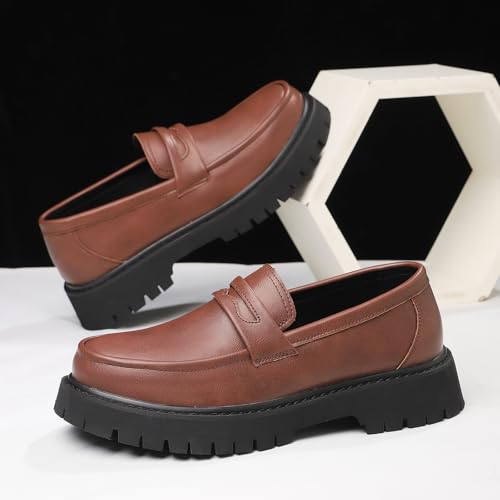 Image of Men's Leather Platform Chunky Slip-On Penny Loafers Classic Round Toe Lug Sole Business Casual Formal Work Shoes