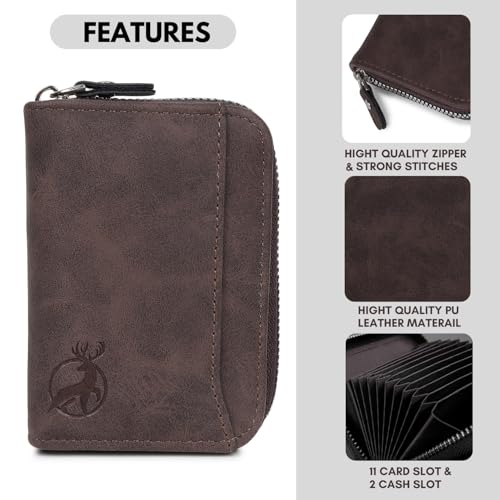 Image of Stealodeal Premium PU Leather 9-Slot Card Holder with 2 Cash Compartments and Zipper Closure Credit /Debit /ATM Card Holder (Dark Brown)