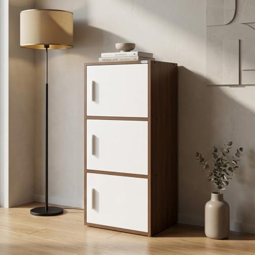 Image of Nilkamal Sear 3 Tier Wooden Storage Cabinet | Free Standing Book Shelf with 3 Doors & 3 Spacious Shelves | Engineered Wood | Organizer for Home & Office | Classic Walnut & White | DIY(Do It Yourself)