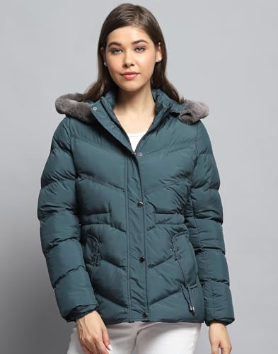 Image of Monte Carlo Womens Solid Green Detachable Hood Full Sleeve Jacket