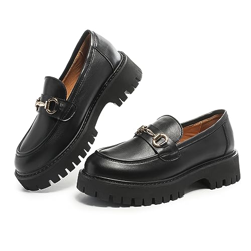 Image of Chunky Loafers Women Platform Loafers for Women Chunky Heel Lug Sole Loafers for Women Slip ons Round Toe