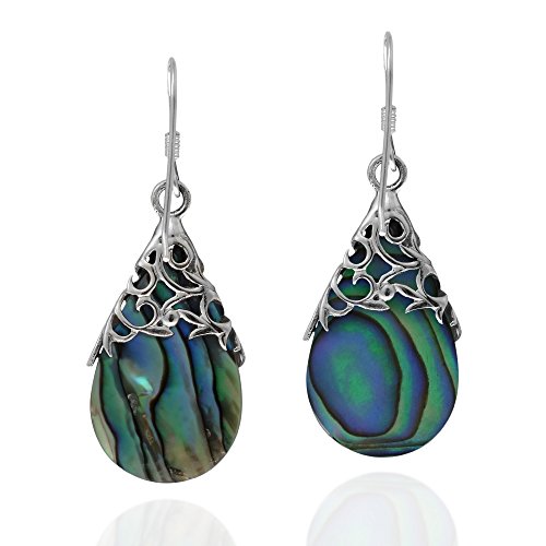 Floral Vine Ornate Teardrop Abalone Shell .925 Sterling Silver Dangle Earrings