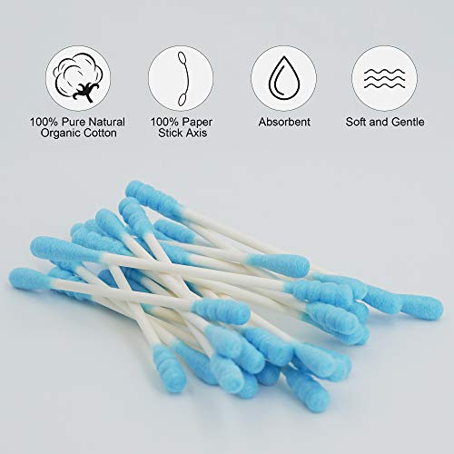 Image of Blue Cotton Swabs Spiral - 400 Count Organic Cotton Buds Double Side Tightly Wrapped Cotton Tips Paper Stick Soft Gentle Lint-Free Cruelty-Free, Round & Spiral (Blue)