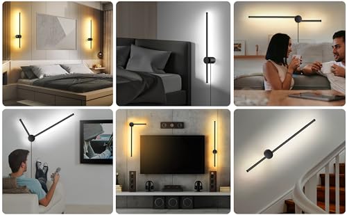 Image of GOODATE Wall Sconces Set of Two with Remote, Stepless Colors 3000K-6500K & Stepless Dimming, Hardwire or Plug-in, 180 Rotate, LED Black Plug in Wall Sconces with Timer & Night Light, 23.6 Inches