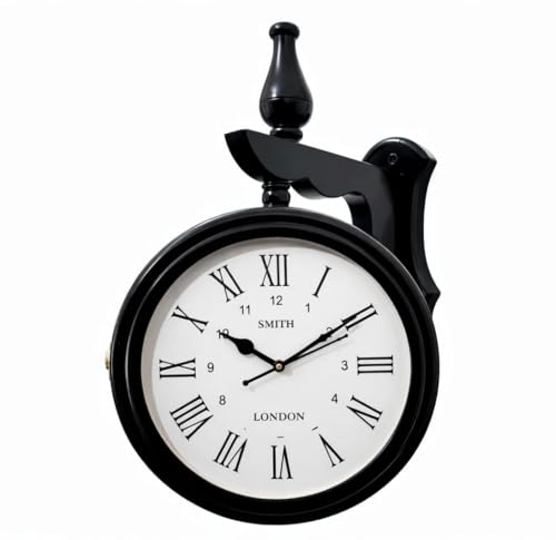 Image of Vintage Double-Sided Wall Clock, Antique Victorian Hanging Clock with Bracket, Silent Quartz Movement, Roman Numerals, Rustic Farmhouse Decor for Home & Office (Black)