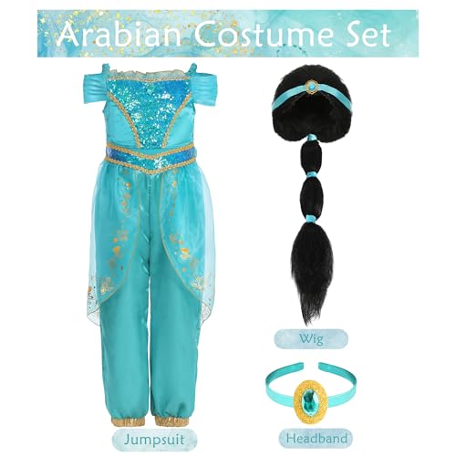 Wizland Girls Sequined Princess Dress with Wig, Blue-Green Arabian Style Costume Set, Kids Fancy Dress Outfit for 5-6 Years - Image 2