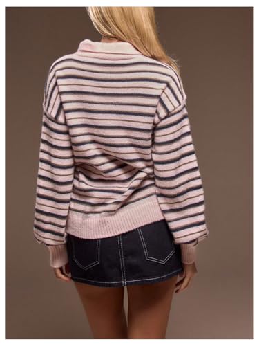 Women's Striped Lightweight Golf Sweaters Long Sleeve Collared Button Loose Fit Pullover Tops3