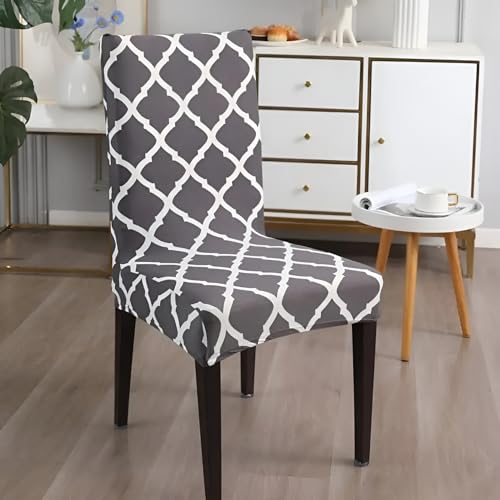 Image of Dining Chair Covers Set of 2, Stretchable Removable Washable Anti-Slip Universal Fit Printed Polyester Spandex Slipcovers (Grey Diamond)