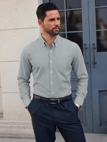 GIANZEN Mens Light Grey Dress Shirt Gray Long Sleeve Oxford Shirts for Men Men's Button Down Casual Clothing Light Gray Size XXXL Tall — view 3