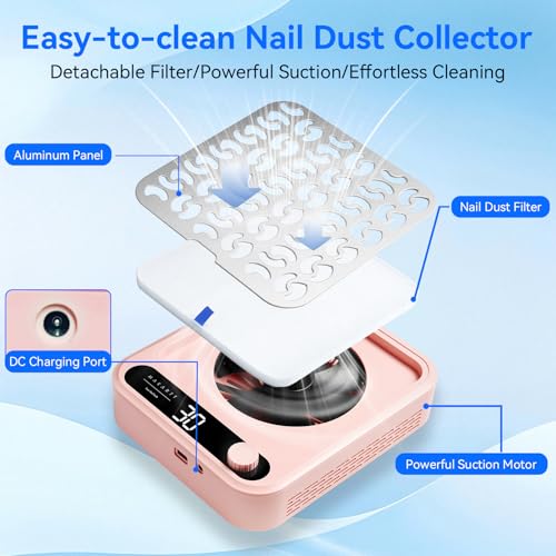Image of Makartt Nail Dust Collector - Professional Powerful Suction Larina Vacuum Fan Dust Cleaner with LED Display, Adjustable Speed, Reusable Filter for Acrylic Nails Polishing Manicure Salon Home Pink