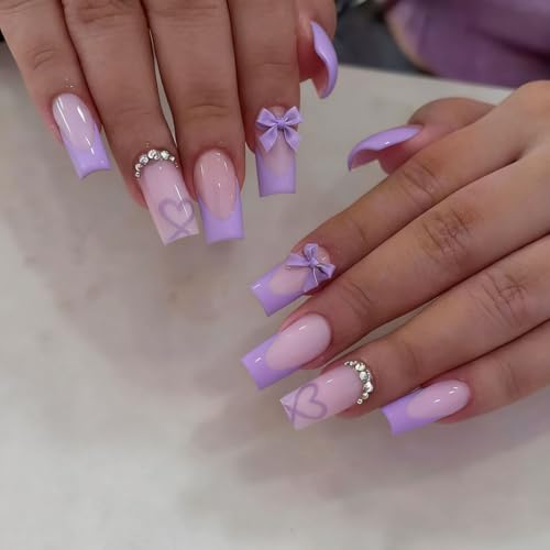 yefiuo Medium Press on Nails Square Heart Rhinestones Purple French Design Fake Nails Press ons Acrylic Pink False Nails Glue on Nails Reusable Nail Tips Kit Full Cover Stick on Nails for Women 24Pcs