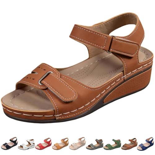 Women Orthopedic Comfort Flex Sandals - Adjustable Straps Platform Wedge Round Head Sandals with Arch Support (Brown,25.0 cm) [��