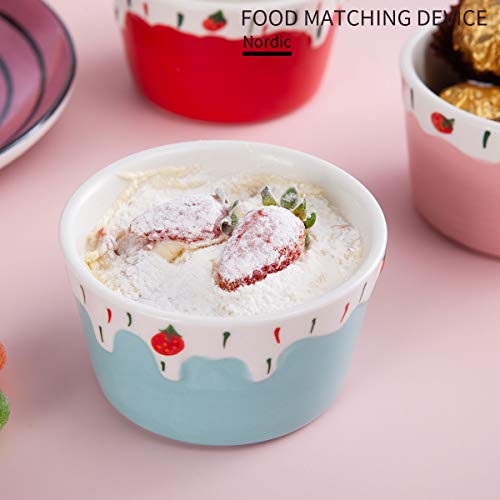 Ceramic Souffle Dishes Ramekins Dish Dessert Bowls, Jemirry 3.5 inch Ice Cream Strawberry Style Ramekins Bowls for Cupcake Pudding Creme Brulee Baking, Colorful-set of 4 - Thumbnail 3