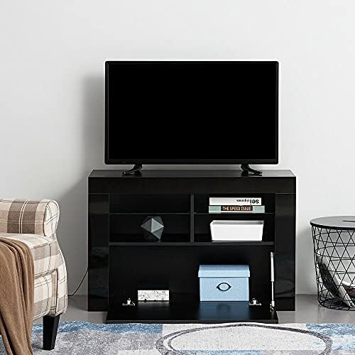 100cm Modern TV Unit Led Lights Cabinet Stand Matt & High Gloss White Entertainment Center for Living Room (Black Matt Body & Black High Gloss Fronts)