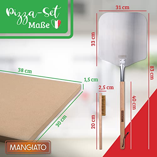 Foto von MANGIATO® Premium Pizzastein – 3er Set mit Pizzaschieber & Reinigungsbürste – Pizza Stone aus robustem Cordierit – Langlebiger Backstein für Backofen und Gasgrill – Knusprige Pizza backen
