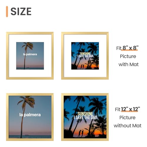 Image of upsimples 12x12 Picture Frame, Display Pictures 8x8 with Mat or 12 x 12 Without, Wall Hanging Square Frames, Gold, 1 Pack