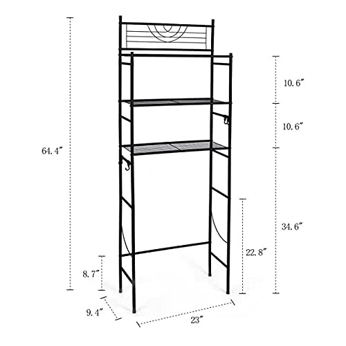 Kimzda 3-Tier Bathroom Over The Toilet Storage Rack Free Standing Metal Frame Shelf Organizer, with 4-Hooks, Black - Thumbnail 2