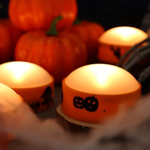 Image of CANDLE CHOICE Halloween LED Pumpkin Lights with Remote Timer Bright Flickering Battery Operated Jack-O-Lantern Electric Flameless Candles with Decals Halloween Decorations Holiday Decor 4 Pack Orange